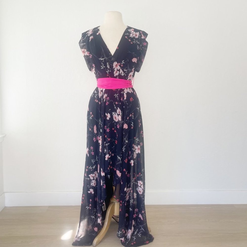 Eliza J Hi-Low Faux Wrap Belted Floral Navy Pink Maxi Dress | 2 - Picture 3 of 13